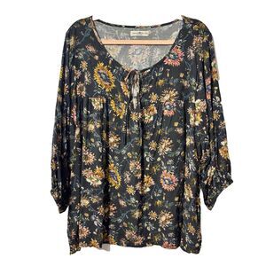 Natural Life Maribel Top Black Floral Multicolor Womens‎ XXL 3/4 Sleeves